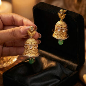 Handcrafted Royal Jhumkas: Antique Gold & Emerald Bell Earrings
