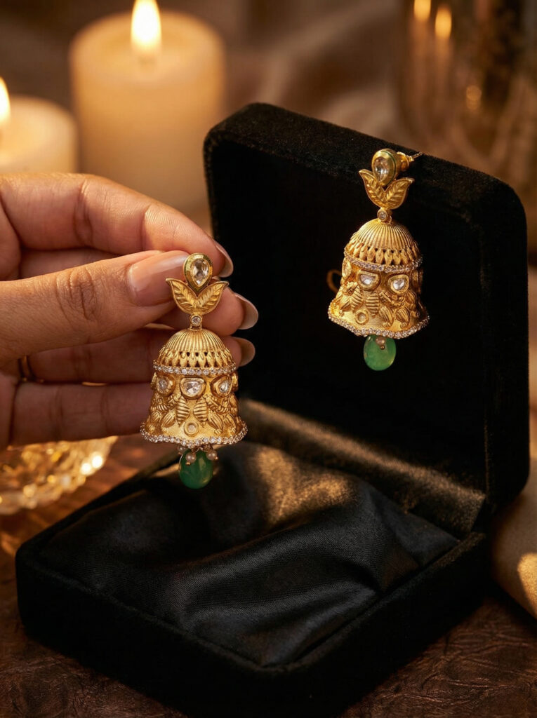 Handcrafted Royal Jhumkas: Antique Gold & Emerald Bell Earrings
