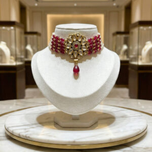 Handcrafted Kundan Floral Choker Necklace with Ruby Red Beads and Seed Pearls