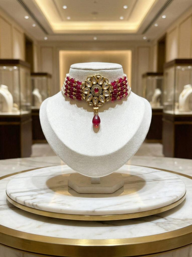 Handcrafted Kundan Floral Choker Necklace with Ruby Red Beads and Seed Pearls