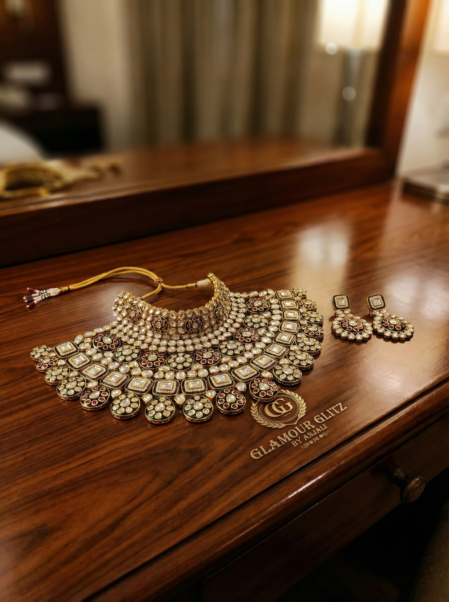 Handcrafted Heritage Kundan & Polki Bridal Choker Set with Meenakari Detail - Image 4