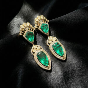 Handcrafted Art Deco Emerald & Diamond Statement Drop Earrings