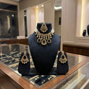 Handcrafted Antique Gold Polki & Deep Mauve Stone Necklace Set with Maang Tikka - Bridal & Festive Edition