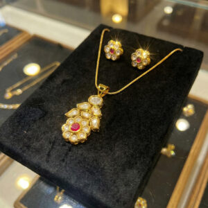 Handcrafted Kundan Polki Floral Pendant & Earring Set | Ruby Red Centerpiece