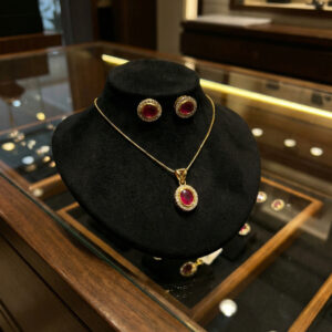 Handcrafted Ruby Halo Pendant & Earrings Set in 18K Gold Finish | Elegant Oval Crimson Jewelry Set