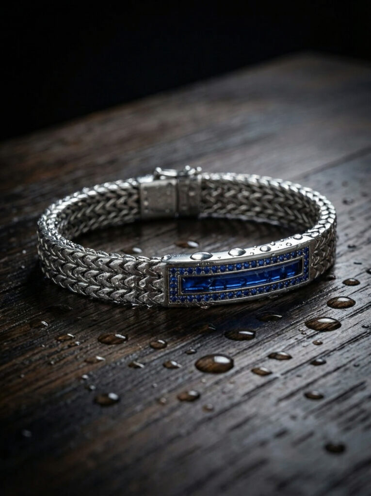 The Deep Azure Heritage – Handcrafted Woven Silver & Blue Sapphire Men’s Bracelet