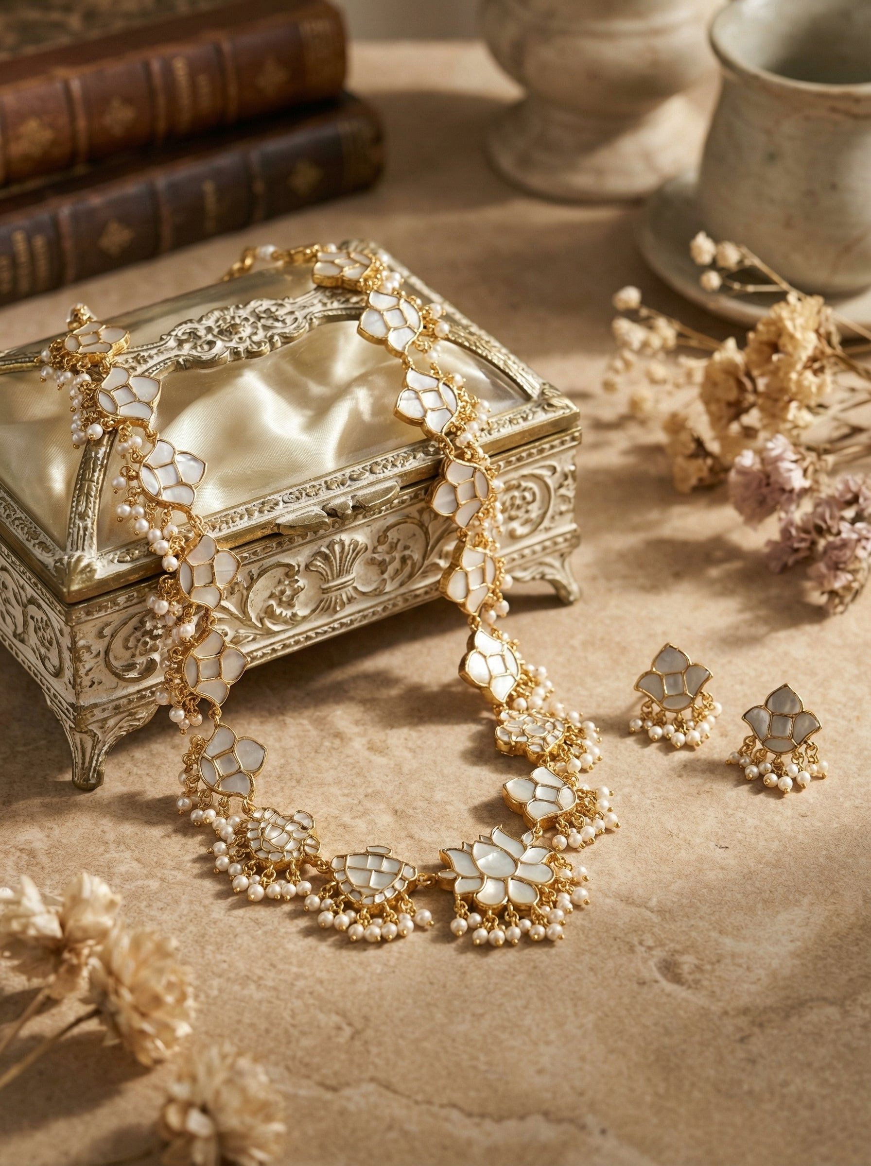 Handcrafted Lotus Bloom Kundan Polki Necklace & Earring Set - Image 3