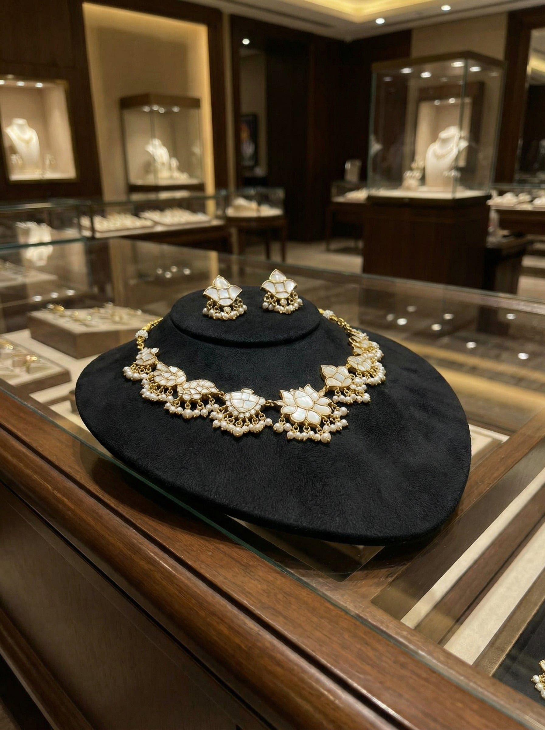Handcrafted Lotus Bloom Kundan Polki Necklace & Earring Set - Image 2