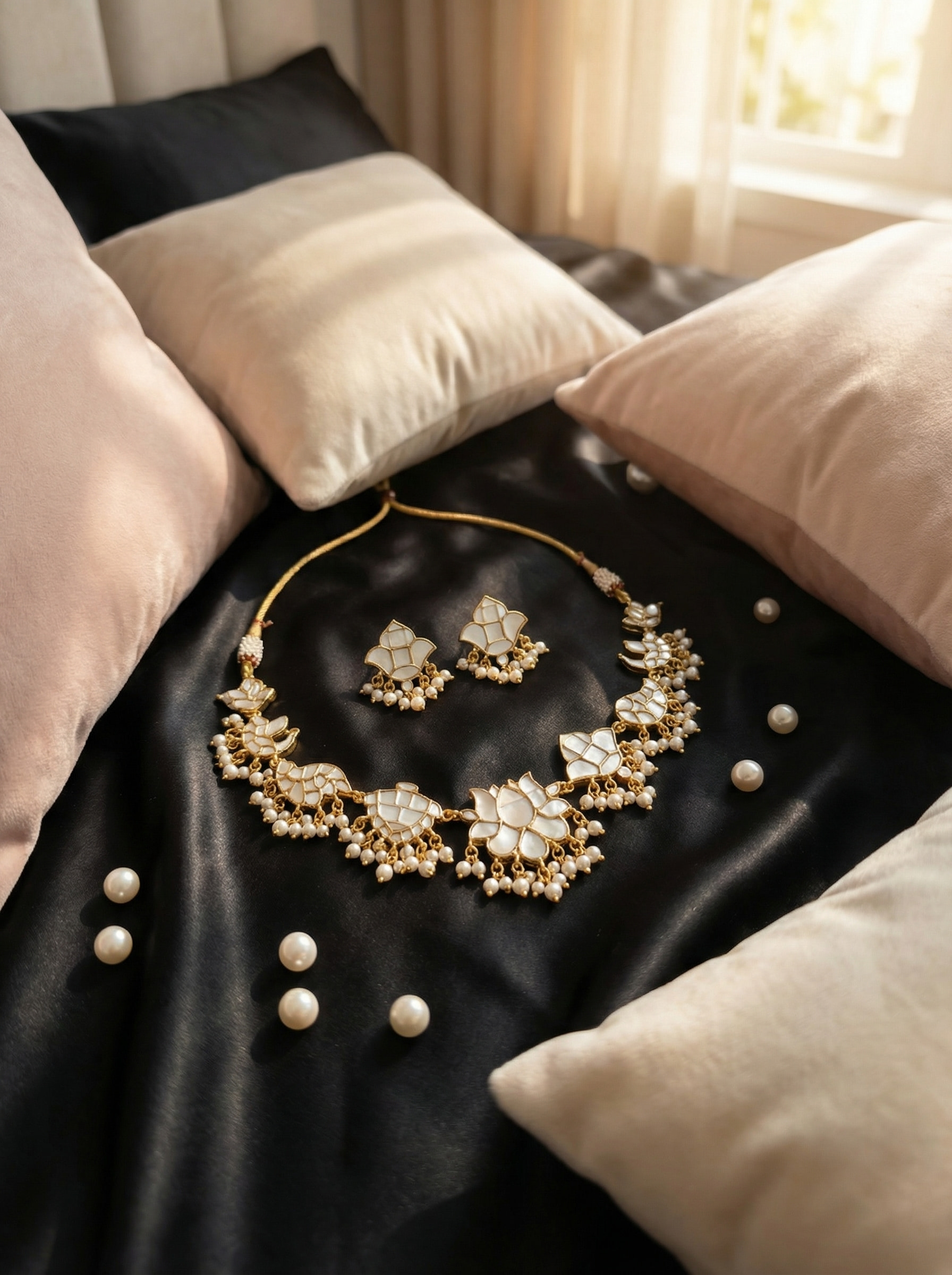 Handcrafted Lotus Bloom Kundan Polki Necklace & Earring Set - Image 5