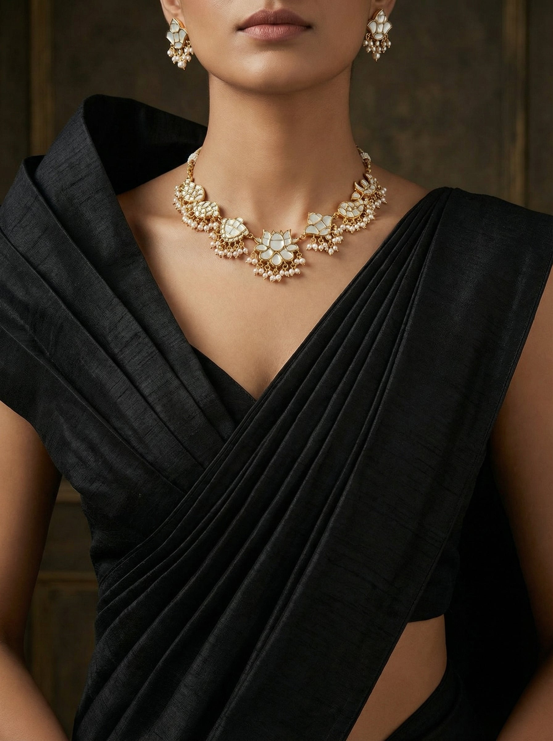 Handcrafted Lotus Bloom Kundan Polki Necklace & Earring Set - Image 6