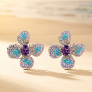 Handcrafted Coastal Bloom Statement Earrings – Sterling Silver with Turquoise, Lilac & Amethyst Centerpiece