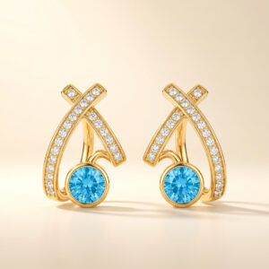 Handcrafted Aurora Cross Hoop Drop Earrings – Gold-Plated with Aquamarine Centerpiece