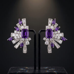 Handcrafted Marquesa Sunburst Statement Earrings – Sterling Silver Art-Deco Spray with Royal Amethyst Centerpiece