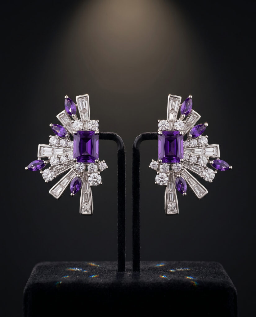 Handcrafted Marquesa Sunburst Statement Earrings – Sterling Silver Art-Deco Spray with Royal Amethyst Centerpiece