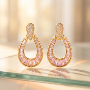 Handcrafted Rose Halo Drop Earrings – Gold-Plated Open Teardrop with Pink Baguette Crystal Channel