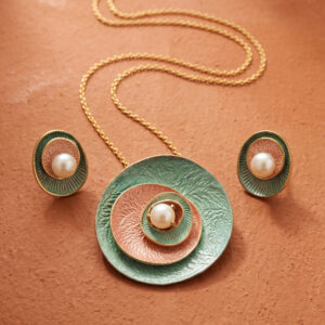 Handcrafted Anatolia Medallion Pendant & Earring Set – Sage Patina, Coral Enamel, Pearl Centerpiece