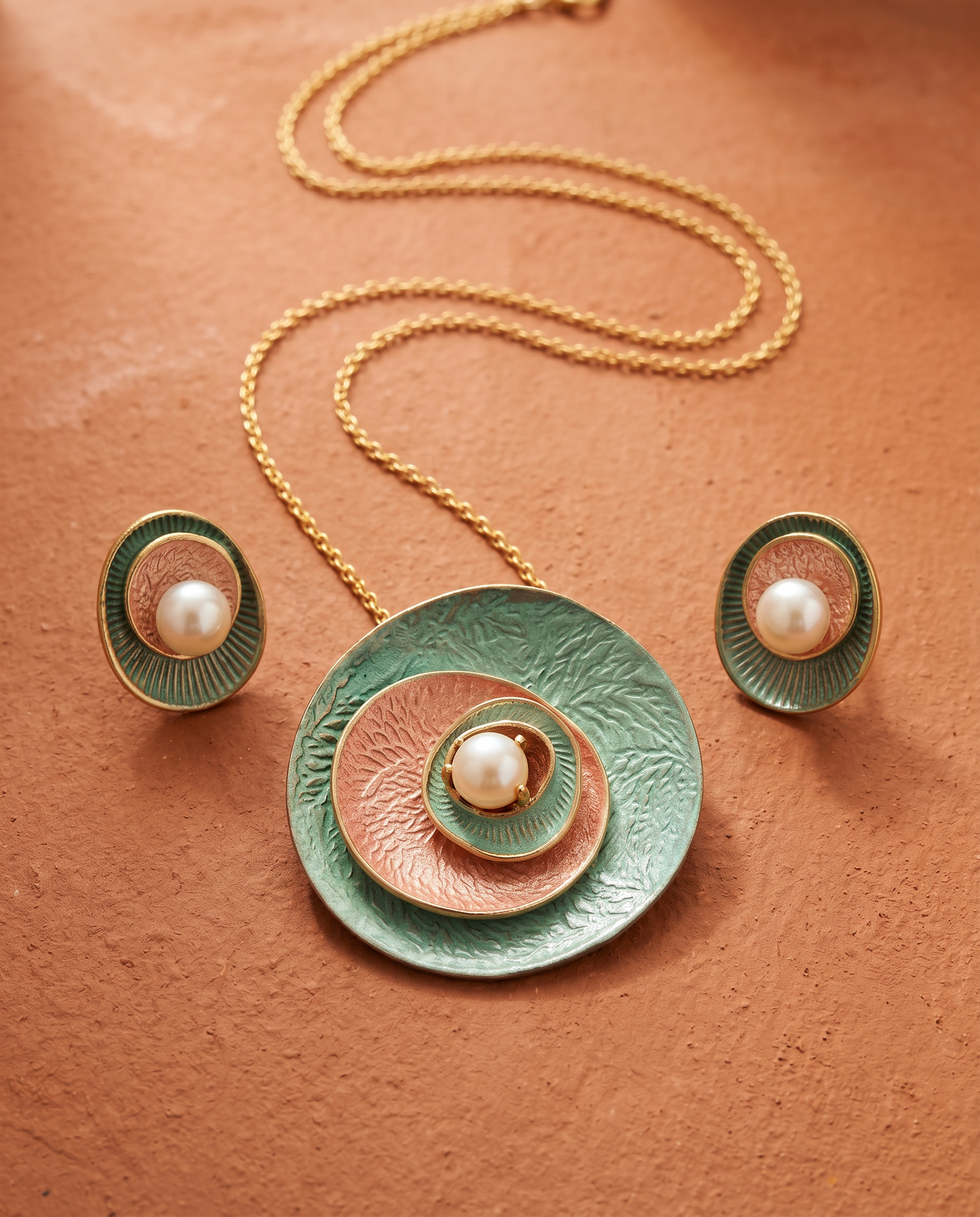Handcrafted Anatolia Medallion Pendant & Earring Set – Sage Patina, Coral Enamel, Pearl Centerpiece
