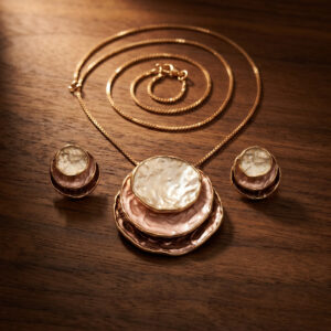Handcrafted Halcyon Layered Medallion Pendant & Earring Set – Hammered Rose Gold with Mother-of-Pearl