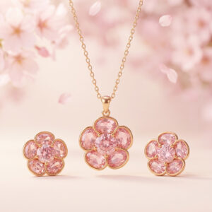 Handcrafted Pink Camellia Floral Pendant & Earring Set – Six-Petal Crystal Design on Gold Chain