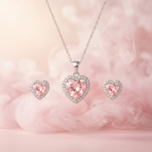 Handcrafted Sweetheart Halo Pendant & Stud Set – Sterling Silver with Pink Heart Crystal Centre