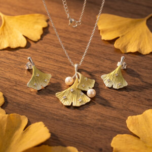 Handcrafted Ginkgo Leaf Pendant & Earring Set – Matte Gold with Pearl Drops & Crystal Accents