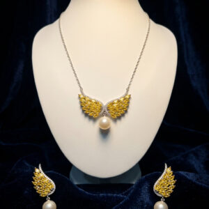 Handcrafted Angel Wing Pendant & Earring Set – Sterling Silver with Citrine-Yellow Marquise Crystals & Freshwater Pearl Drops