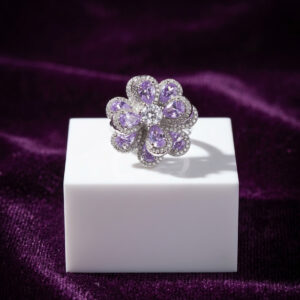 Handcrafted Lavender Floral Cocktail Ring – Sterling Silver Six-Petal Bloom with Pear-Cut Crystals & Central CZ Solitaire