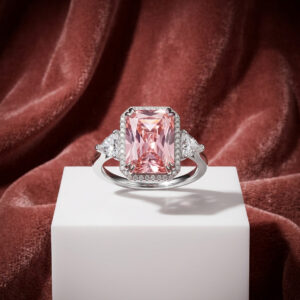 Handcrafted Pink Radiant 3-Stone Cocktail Ring – Sterling Silver with Morganite-Tone Centerpiece, Trillion Sides & CZ Pavé Halo
