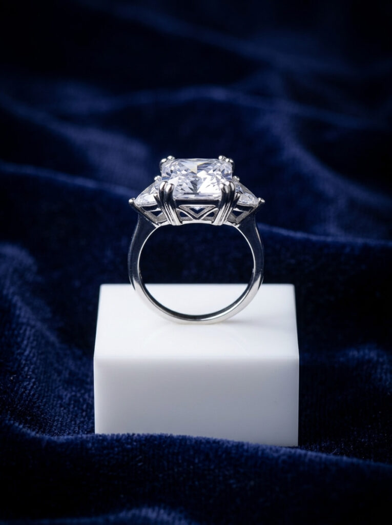 Handcrafted Princess-Cut Diamond Solitaire Statement Ring – Sterling Silver with Crystal Centerpiece & Trillion Side Stones