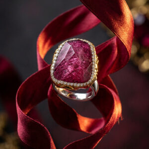 Handcrafted Raspberry Ruby Slab Statement Ring – Uncut Crystal Slice with Gold-Tone Bezel & CZ Pavé Halo