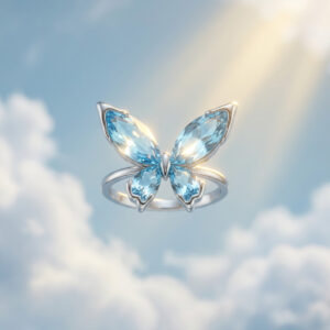 Handcrafted Aquamarine Butterfly Ring – Sterling Silver Wings with Marquise-Cut Blue Crystals & Pear Centre