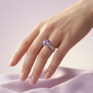 Handcrafted Lavender Round Solitaire Ring – Sterling Silver with Pavé CZ Eternity Band