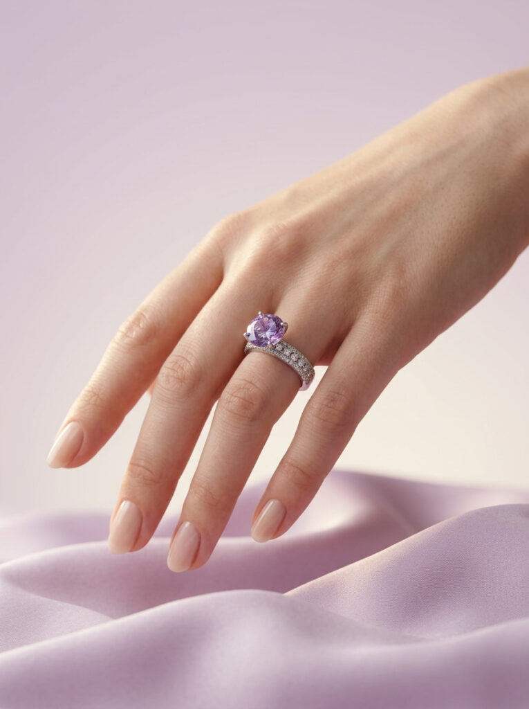Handcrafted Lavender Round Solitaire Ring – Sterling Silver with Pavé CZ Eternity Band