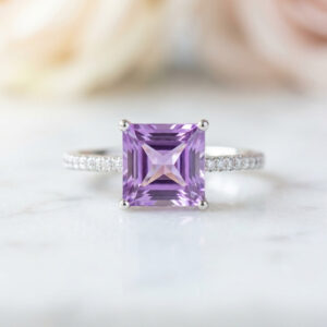 Handcrafted Lavender Princess-Cut Solitaire Ring – Sterling Silver with Square Crystal Centerpiece & Half-Eternity Pavé Shoulders