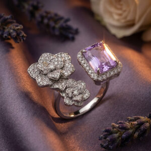 Handcrafted Lavender Bloom Toi-et-Moi Open Ring – Sterling Silver Floral Cluster & Radiant-Cut Amethyst with Pavé Diamond Halo