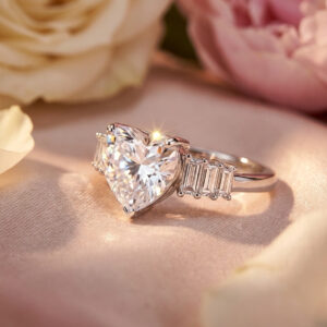 Handcrafted Clear Heart-Cut Solitaire Ring – Sterling Silver with Brilliant Heart Crystal & Baguette-Set Diamond Shoulders