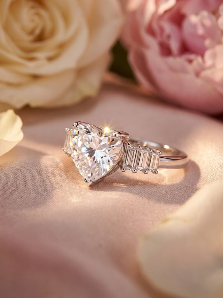 Handcrafted Clear Heart-Cut Solitaire Ring – Sterling Silver with Brilliant Heart Crystal & Baguette-Set Diamond Shoulders