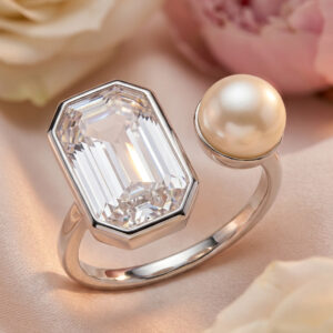 Handcrafted Pearl + Octagonal Crystal Toi-et-Moi Open Ring – Sterling Silver with Elongated Clear Crystal & Freshwater Pearl