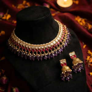 Handcrafted Ruby & Amethyst Kundan Bridal Choker Set – Gold-Tone with Polki Diamonds, Ruby Drops & Amethyst Briolette Beads
