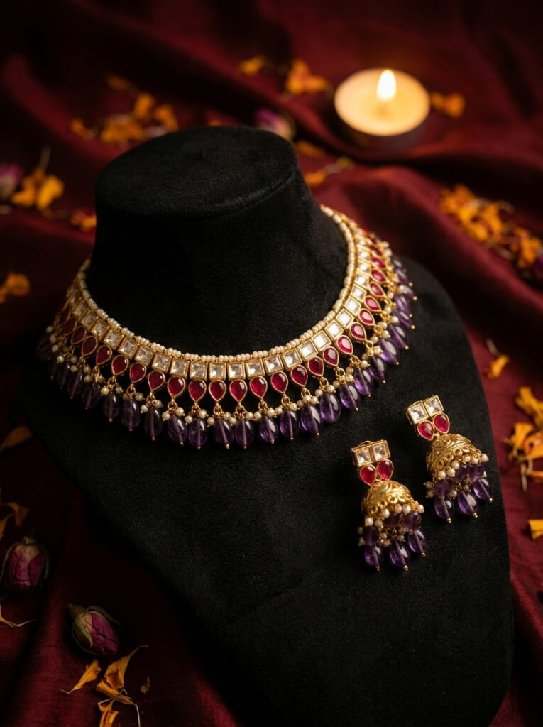 Handcrafted Ruby & Amethyst Kundan Bridal Choker Set – Gold-Tone with Polki Diamonds, Ruby Drops & Amethyst Briolette Beads