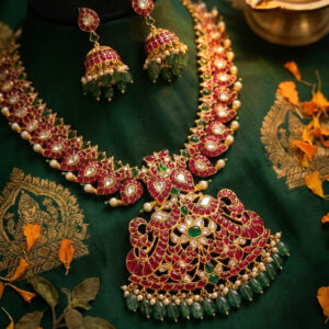 Handcrafted Ruby & Emerald Peacock Kundan Bridal Haar Set – South Indian Heritage with Polki Diamonds, Pearl Borders & Emerald Drops