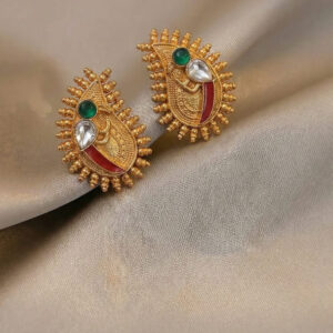 Handcrafted Antique Temple Earrings – Mango Motif Studs with Healing Green Onyx & Kundan