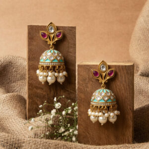 Handcrafted Royal Turquoise Bell Earrings – Meenakari & Kundan Fusion Jhumkis with Pearl Drops