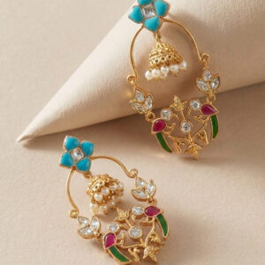 Handcrafted ‘Maya’ Chandbali Jhumkas – Turquoise Meenakari & Kundan Fusion Earrings