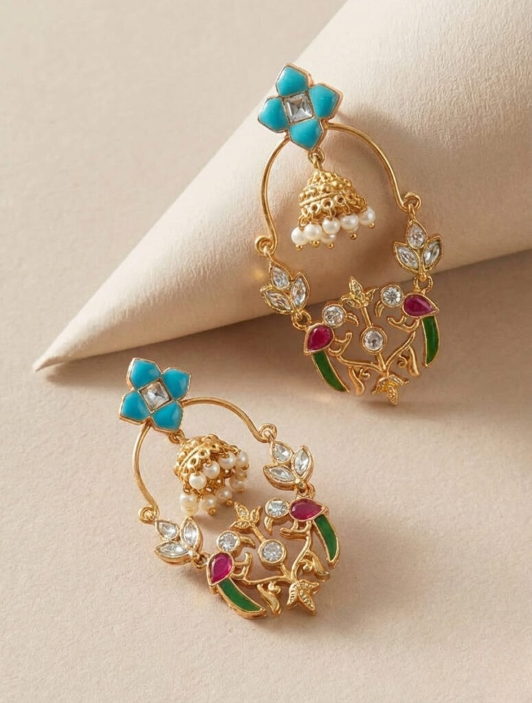 Handcrafted ‘Maya’ Chandbali Jhumkas – Turquoise Meenakari & Kundan Fusion Earrings