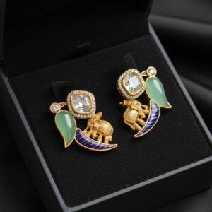 Handcrafted ‘Gajraj’ Heritage Studs – Mint Jade & Royal Blue Meenakari in Gold