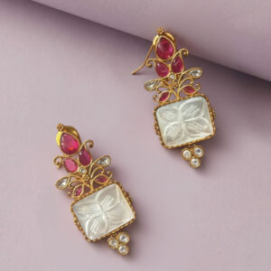 Handcrafted "Majestic Bloom" Carved Mother of Pearl & Ruby-Tone Drop Earrings – Artisan Fusion Jewelry