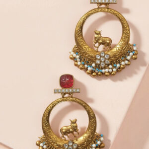 Handcrafted Temple Nandi Chandbali Earrings – Antique Gold Finish with Ruby Red Healing Stones & Seed Pearls