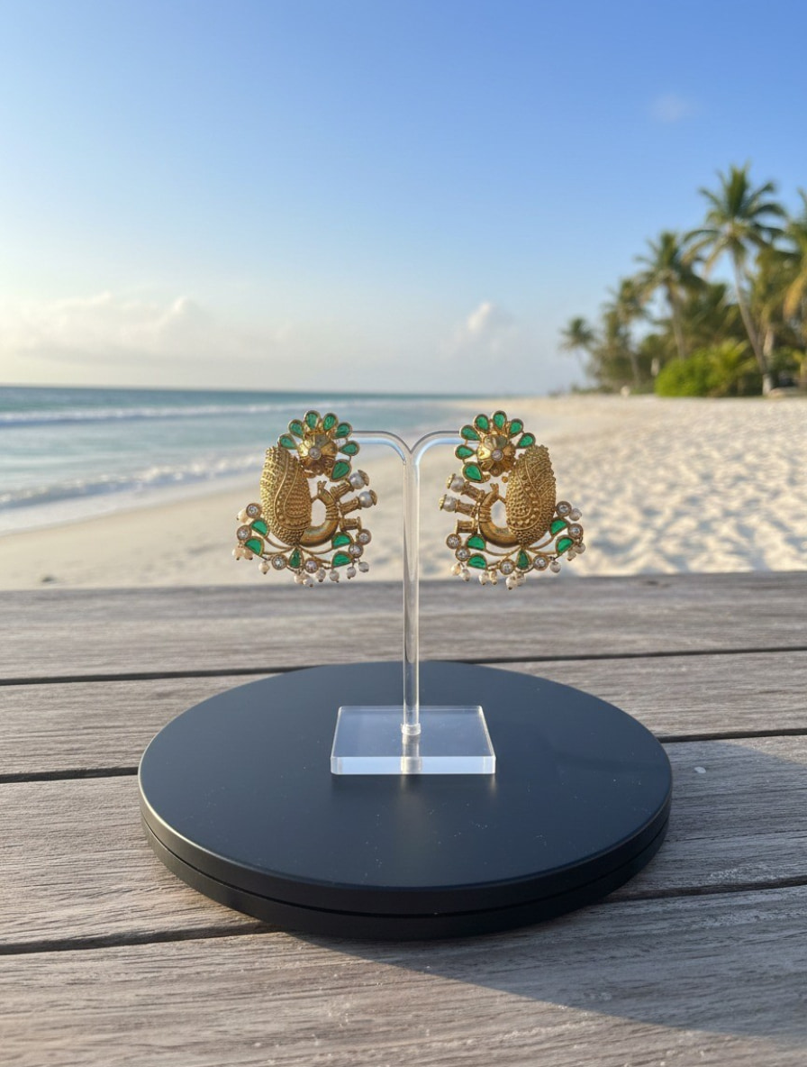 Regal Peacock Heritage Studs: Hand-Carved Temple Jewelry with Natural Green Onyx & Seed Pearls - Image 2