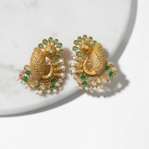 Regal Peacock Heritage Studs: Hand-Carved Temple Jewelry with Natural Green Onyx & Seed Pearls